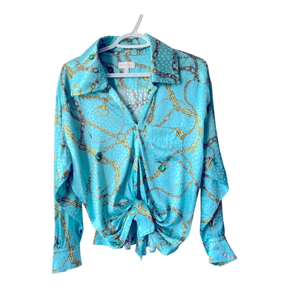 RONNY KOBO | Chain Print Silk Blend Tie Front Draped Blouse